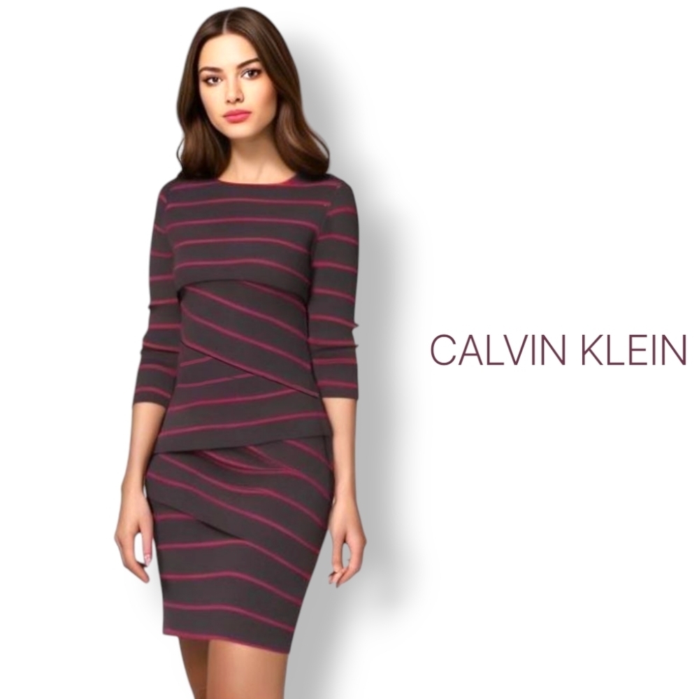 Calvin Klein Asymmetrical Tiered Black and Red Striped Dress